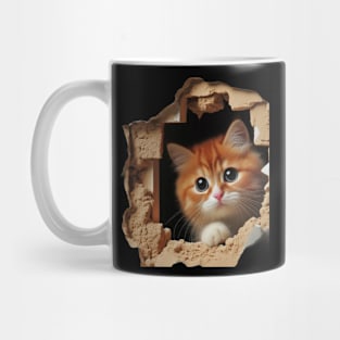 Endearing feline emerging through a wall aperture Mug